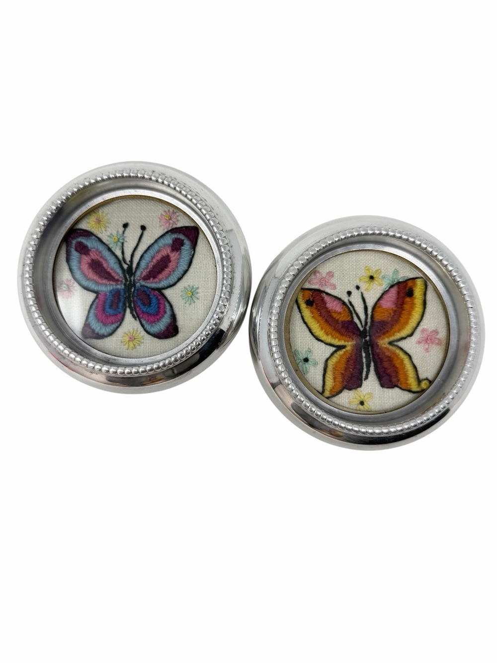 Vintage Crewel Butterfly Coasters Set of 2 Aluminum Glass Stackable